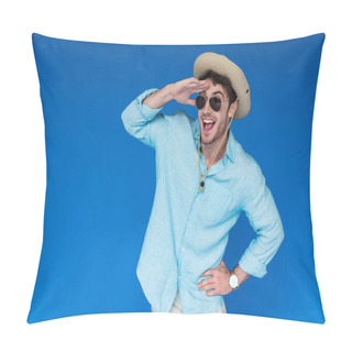 Personality  Excited Tourist In Safari Hat And Sunglasses Laughing And Looking In Distance Isolated On Blue Pillow Covers