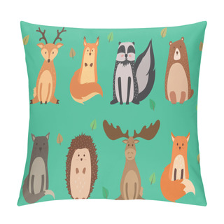 Personality  Vector Illustration Of Cute Animals Autumn: Reindeer, Squirrel, Raccoon, Bear, Wild Cat, Hedgehog, Elk, Fox. Vector Pillow Covers