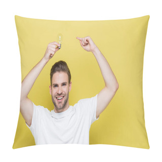 Personality  Inspired Man Pointing At Light Bulb While Looking At Camera On Yellow Pillow Covers