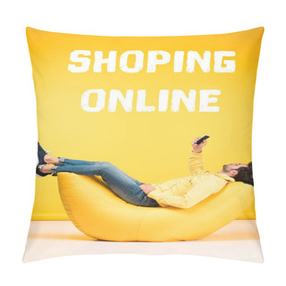 Personality  Man Relaxing On Bean Bag Chair And Using Smartphone On Yellow Background With Shopping Online Illustration Pillow Covers