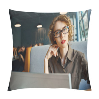 Personality  Woman With Laptop In Cafe Pillow Covers