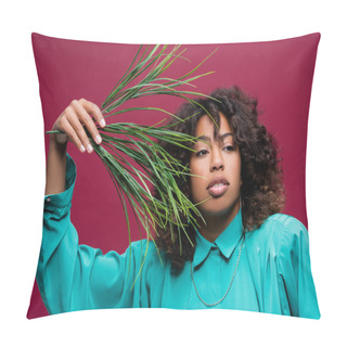 Personality  Curly African American Woman In Blue Blouse Holding Branch With Green Leaves Isolated On Pink Pillow Covers
