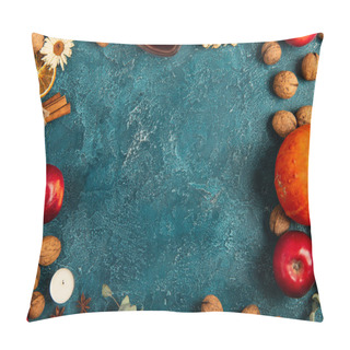 Personality  Thanksgiving Backdrop, Frame With Colorful Autumnal Harvest Objects On Blue Textured Surface Pillow Covers