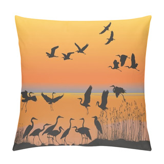 Personality  Herons On The Shore Of Lake At Sunset Pillow Covers