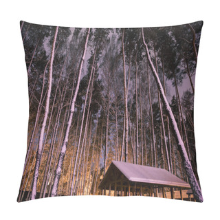 Personality  Wooden Cottage In Snowy Forest In Night Pillow Covers