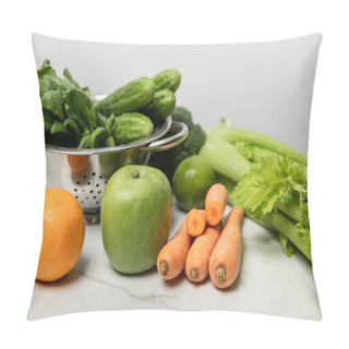 Personality  Tasty And Sweet Fruits Near Ripe And Fresh Vegetables On Grey  Pillow Covers