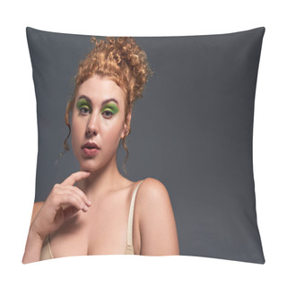 Personality  Portrait Of Young Redhead And Curvy Woman In Beige Lingerie Looking At Camera On Dark Grey Backdrop Pillow Covers