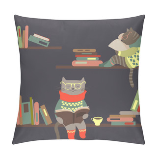 Personality  Cats Reading Books On Bookshelves Pillow Covers