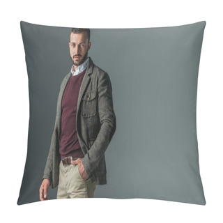 Personality  Handsome Bearded Man Posing In Autumn Tweed Jacket, Isolated On Grey Pillow Covers