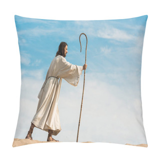 Personality  Bearded Man Holding Wooden Cane And Walking In Desert Against Sky Pillow Covers