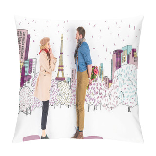 Personality  Surprised Woman Looking At Man With Bouquet Of Flowers Behind Back On Paris Illustration On Background Pillow Covers