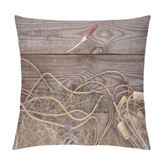 Personality  Elevated View Of Fishing Net And Fishing Float On Wooden Background  Pillow Covers