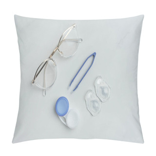 Personality  Flat Lay With Eyeglasses, Contact Lenses Containers And Tweezers Arranged On White Surface Pillow Covers