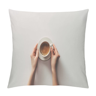 Personality  Top View Of Female Hands And Cup Of Coffee With Saucer On Grey Pillow Covers