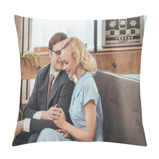 Personality  Beautiful Happy Couple Sitting On Sofa And Holding Hands, 1950s Style Pillow Covers