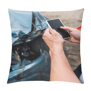 Personality  Cropped View Of Man Holding Smartphone With Blank Screen Near Crashed Car  Pillow Covers