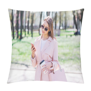 Personality  Fashionable Woman With Phone And Cofee In The City. Fashion Woman In A Sunglasses And Pink Jacket Outdoor Pillow Covers
