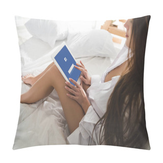 Personality  Attractive Young Woman Using Tablet With Facebook App On Screen In Bed In Morning Pillow Covers