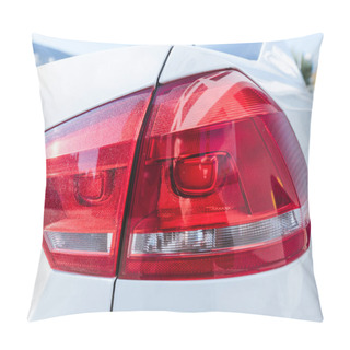 Personality  Close Up Of Red Rear Headlight Of White New Car On Street Pillow Covers