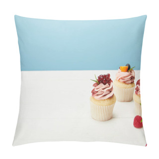 Personality  Cupcakes With Berries And Cream On White Surface Isolated On Blue Pillow Covers