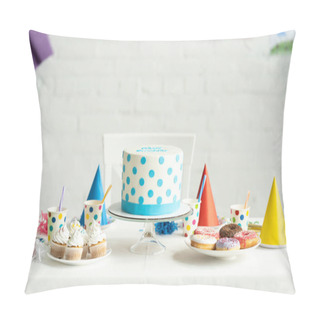 Personality  Delicious Birthday Cake With Cupcakes, Doughnuts And Paper Cups On Festive Table Pillow Covers