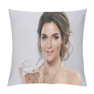 Personality  Portrait Of Young Beautiful Bride Holding Diadem Pillow Covers