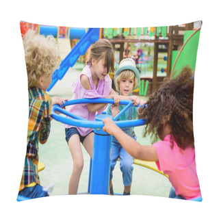 Personality  Multiethnic Group Of Little Kids Riding On Carousel At Playground  Pillow Covers