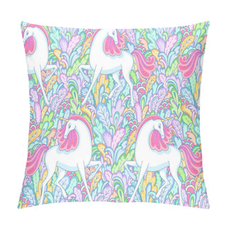 Personality  White Unicorns On Field Of Fantasy Plants . Colorful Doodle Style Illustration. Abstract Seamless Pattern For Coloring, Design And Textile.  Pillow Covers