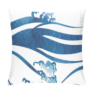 Personality  Chinese Wave Decorations With Blue Watercolor Texture In Vintage Style. Abstract Art Landscape With Ocean Sea With Hand Drawn Line Elements Pillow Covers