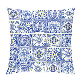 Personality  Hand Drawn Watercolor Seamless Pattern With Blue White Azulejo Portuguese Ceramic Traditional Tiles. Ethnic Portugal Geomentric Indigo Repeated Wall Floor Ornament. Arabic Ornamental Background Pillow Covers