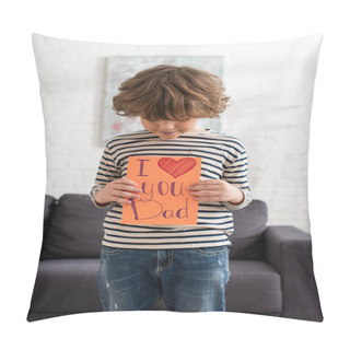 Personality  Boy Looking At Gift Card With I Love You Dad Lettering At Home  Pillow Covers