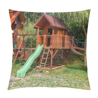 Personality  Empty Modern Wooden Children Playground Set On Green Yard In Public Park In Summer Day. Funny Toy Land For Kids. Urban Exercise Activities For Child Outdoors. Neighborhood Childhood Concept Pillow Covers