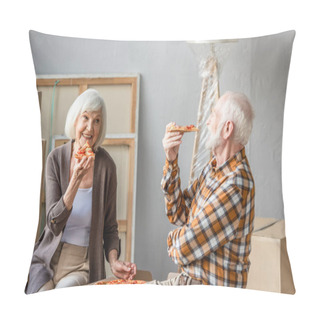 Personality  Laughing Senior Couple Eating Pizza In New House And Cardboard Boxes On Background Pillow Covers