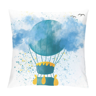 Personality  Hand Drawn Vintage Colorful Air Balloon Isolated On White Background With Blue Sky Pillow Covers