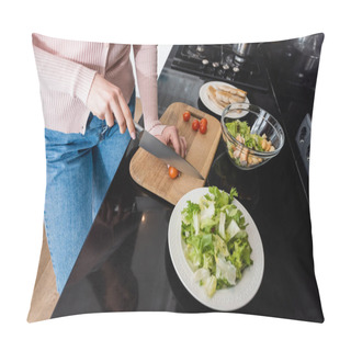 Personality  Cropped View Of Woman Cutting Cherry Tomatoes Near Fried Chicken Fillet While Preparing Breakfast Pillow Covers