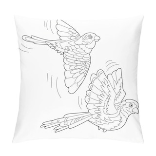 Personality  Contour Linear Illustration For Coloring Book With Two Pretty Birds. Beautiful Cute Couple,  Anti Stress Picture. Line Art Design For Adult Or Kids  In Zen-tangle Style, Tattoo And Coloring Page Pillow Covers