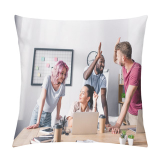 Personality  Selective Focus Of Businesswomen Looking At Each Other While Multicultural Colleagues Giving High Five In Office  Pillow Covers