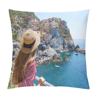 Personality  Holidays In Italy. Young Traveler Woman With Hat And Dress Looking The Amazing Panoramic Of Manarola Village In Cinque Terre, Italy. Unesco World Heritage Site. Pillow Covers