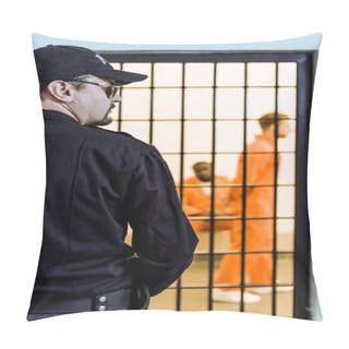 Personality  Rear View Of Prison Officer Standing Near Prison Cell With Multicultural Inmates Pillow Covers