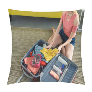 Personality  Cropped View Of Girl Sitting On Floor And Packing Baggage For Travel Pillow Covers