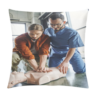 Personality  First Aid Hands-on Learning, Professional Paramedic Assisting Young Man Practicing Chest Compressions On CPR Manikin, Effective Life-saving Skills And Emergency Preparedness Concept Pillow Covers