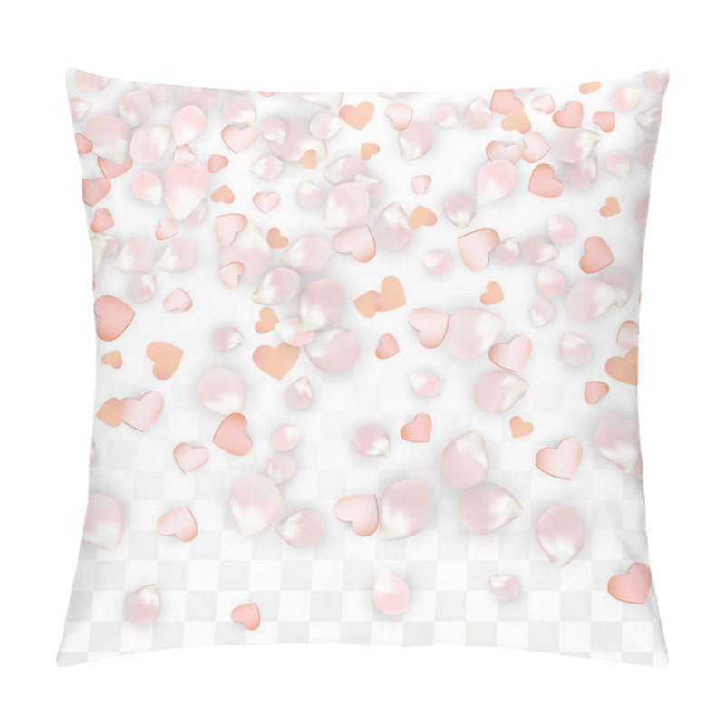 Personality  Vector Realistic Petals and Hearts Confetti. Flying Sakura and Hearts on Transparent Background. Wedding Invitation Background. Spring Romance Poster. Vector Illustration for Anniversary Design. pillow covers