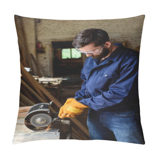 Personality  Craftsman In Protective Googles And Gloves Using Grinding Machine At Sawmill Pillow Covers