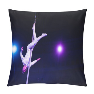 Personality  Acrobat Balancing On Metallic Pole In Arena Of Circus  Pillow Covers