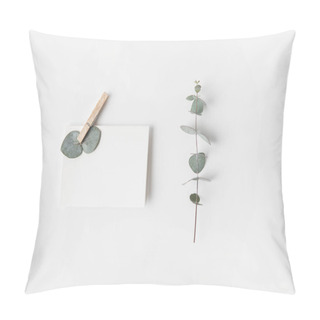 Personality  Flat Lay With Eucalyptus And Blank Paper On White Surface Pillow Covers