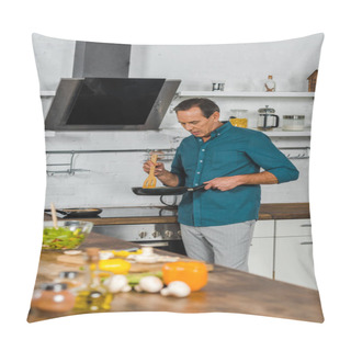 Personality  Selective Focus Of Handsome Mature Man Cooking Vegetables In Kitchen Pillow Covers