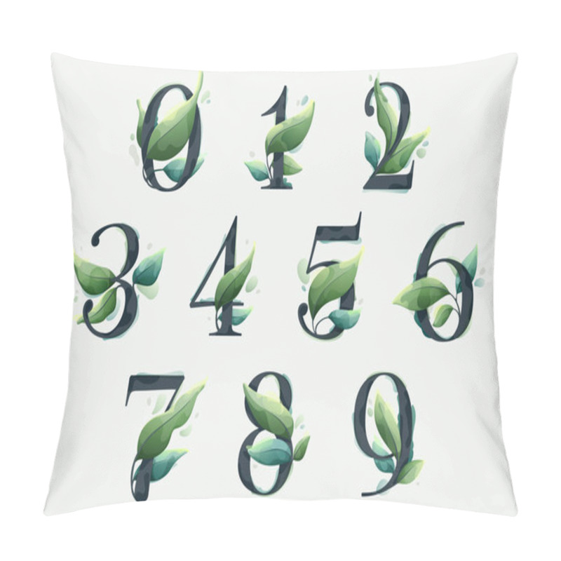Personality  Numbers Set With Green Leaves In Clear Vector Watercolor Style. Serif Sans Font For Luxury Emblem, Botanical Identity, Ecology Projects, Wedding Invitations. Pillow Covers