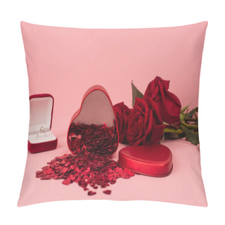 Personality  Metallic Heart-shaped Box With Confetti Near Red Roses And Engagement Ring On Pink  Pillow Covers