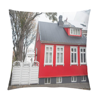 Personality  Building Facade With Red Wall And White Window Frames. Architecture Design Concept. Scandinavian House Design And Nordic Style. Red Stylish House. Bright House At Usual Scandinavian Street Cloudy Day Pillow Covers