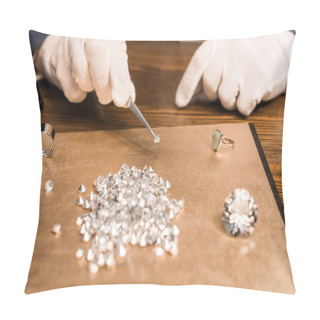 Personality  Cropped View Of Jewelry Appraiser Holding Gemstone In Tweezers Near Board On Table Pillow Covers